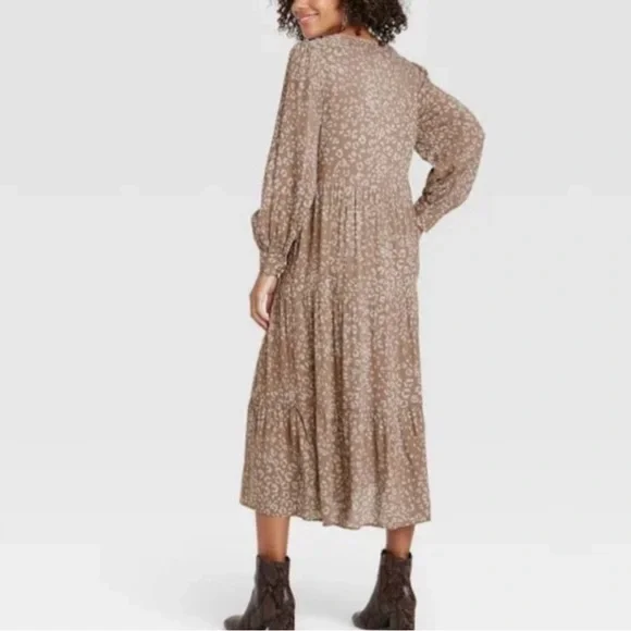 A New Day Layered Tiered Brown Leopard Print Long Sleeves V Neck Midi Dress Sz M - Picture 2 of 7